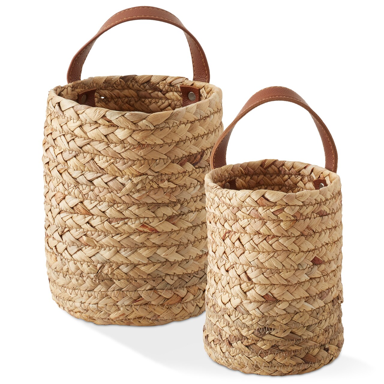 Casafield Set of 2 Water Hyacinth Wall Hanging Baskets with Handles (Small and Large) - Natural, Woven Boho Plant and Flower Storage Pots